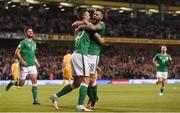 6 October 2017; Daryl Murphy, 8, of Republic of Ireland celebrates with team-mate Shane Duffy after scoring his side's first goal during the FIFA World Cup Qualifier Group D match between Republic of Ireland and Moldova at Aviva Stadium in Dublin. Photo by Eóin Noonan/Sportsfile