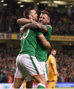 6 October 2017; Daryl Murphy, right, of Republic of Ireland celebrates with teammate Shane Duffy after scoring his side's first goal during the FIFA World Cup Qualifier Group D match between Republic of Ireland and Moldova at Aviva Stadium in Dublin. Photo by Eóin Noonan/Sportsfile