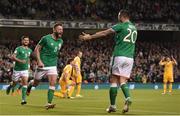 6 October 2017; Daryl Murphy, left, of Republic of Ireland celebrates with team-mate Shane Duffy after scoring his side's first goal during the FIFA World Cup Qualifier Group D match between Republic of Ireland and Moldova at Aviva Stadium in Dublin. Photo by Eóin Noonan/Sportsfile
