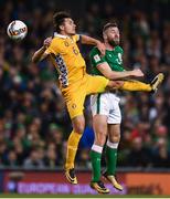 6 October 2017; Alexandru Epureanu of Moldova in action against Daryl Murphy of Republic of Ireland during the FIFA World Cup Qualifier Group D match between Republic of Ireland and Moldova at Aviva Stadium in Dublin. Photo by Stephen McCarthy/Sportsfile