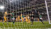 6 October 2017; Daryl Murphy of Republic of Ireland shoots to score his side's first goal past Moldova goalkeeper Ilie Cebanu during the FIFA World Cup Qualifier Group D match between Republic of Ireland and Moldova at Aviva Stadium in Dublin. Photo by Stephen McCarthy/Sportsfile