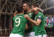 6 October 2017; Shane Long, left, Shane Duffy, centre, and Stephen Ward of Republic of Ireland celebrate after team-mate Daryl Murphy scored their side's first goal during the FIFA World Cup Qualifier Group D match between Republic of Ireland and Moldova at Aviva Stadium in Dublin. Photo by Stephen McCarthy/Sportsfile