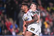 6 October 2017; Jacob Stockdale of Ulster celebrates with teammate Charles Piutau after scoring his side's first try during the Guinness PRO14 Round 6 match between Ulster and Connacht at  the Kingspan Stadium in Belfast. Photo by David Fitzgerald/Sportsfile