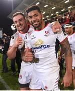 6 October 2017; Charles Piutau, right, and Rob Herring of Ulster celebrate following their side's victory in the Guinness PRO14 Round 6 match between Ulster and Connacht at  the Kingspan Stadium in Belfast. Photo by David Fitzgerald/Sportsfile