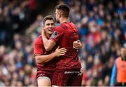 7 October 2017; Ian Keatley of Munster is congratulated by team-mate Conor Murray after scoring his side's first try during the Guinness PRO14 Round 6 match between Leinster and Munster at the Aviva Stadium in Dublin. Photo by Cody Glenn/Sportsfile