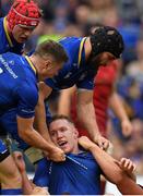 7 October 2017; Rory O'Loughlin of Leinster celebrates with team-mates Luke McGrath, left, and Scott Fardy after scoring his side's first try during the Guinness PRO14 Round 6 match between Leinster and Munster at the Aviva Stadium in Dublin. Photo by Ramsey Cardy/Sportsfile