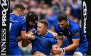 7 October 2017; Rory O'Loughlin of Leinster celebrates with team-mates Luke McGrath, left, Scott Fardy, centre, and Robbie Henshaw after scoring his side's first try during the Guinness PRO14 Round 6 match between Leinster and Munster at the Aviva Stadium in Dublin. Photo by Ramsey Cardy/Sportsfile