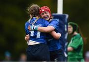 7 October 2017; Molly Fitzgerald of Leinster, left, celebrates with teammate Natasja Behan after scoring her side's fourth try during the U18 Girls Interprovincial match between Leinster and Connacht at MU Barnhall RFC in Leixlip, Co Kildare. Photo by Seb Daly/Sportsfile