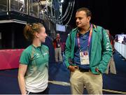 29 July 2012; Ireland's Chloe Magee speaks with Minister for Transport, Tourism and Sport Leo Varadkar T.D. following her victory over Egypt's Hadia Hosny in the women's singles group play stage. London 2012 Olympic Games, Badminton, Wembley Arena, Wembley, London, England. Picture credit: Stephen McCarthy / SPORTSFILE
