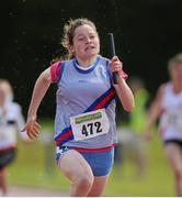 29 July 2012; Sarah Torrans, DSD AC, Co. Dublin, on her way to winning the Girl's Under-14 4x100m relay. Woodie’s DIY Juvenile Track and Field Championships of Ireland, Tullamore Harriers Stadium, Tullamore, Co. Offaly. Picture credit: Matt Browne / SPORTSFILE