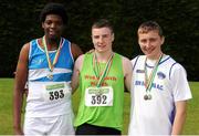 28 July 2012; Boy's Under-16 Shot Putt and Discus winners, from left, Anu Swonusi, St. Laurence O'Toole A.C, Co. Carlow, who won silver in the Shot Putt and bronze in the Discus, Eoin Sheridan, Shannon A.C., Co. Clare, who won gold in both events and John Joe Kelly, Brow Rangers A.C., Co. Kilkenny, who won siver in the Discus and bronze in the Shot Putt. Woodie’s DIY Juvenile Track and Field Championships of Ireland, Tullamore Harriers Stadium, Tullamore, Co. Offaly. Picture credit: Tomas Greally / SPORTSFILE