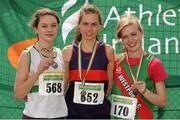 28 July 2012; Winner of the Girl's Under-18 3,000m Walk event Alicia Boylan, Oriel A.C., Co. Monaghan, centre, with second placed Siobhan Nash, St. Abbans A.C., Co. Laois, left, and third placed Ashling Heneghan, Westport A.C., Co. Mayo. Woodie’s DIY Juvenile Track and Field Championships of Ireland, Tullamore Harriers Stadium, Tullamore, Co. Offaly. Picture credit: Tomas Greally / SPORTSFILE