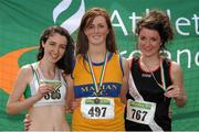 28 July 2012; Winner of the Girl's Under-19 3,000m Walk event Claudia Loughnane, Marian A.C., Co. Clare, centre, with second placed Sarah Bourke, St. Coca's A.C., Co. Kildare, left, and third placed Cliona Mulroy, Swinford A.C., Co. Mayo. Woodie’s DIY Juvenile Track and Field Championships of Ireland, Tullamore Harriers Stadium, Tullamore, Co. Offaly. Picture credit: Tomas Greally / SPORTSFILE