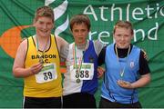 28 July 2012; Winner of the Boy's Under-14 Discus event Eoin Mulligan, Tullamore Harriers A.C., Co. Offaly, centre, with second placed Travis Coomey, Bandon A.C., left, and third placed David Murray, St. Annes A.C., Co. Wexford. Woodie’s DIY Juvenile Track and Field Championships of Ireland, Tullamore Harriers Stadium, Tullamore, Co. Offaly. Picture credit: Tomas Greally / SPORTSFILE