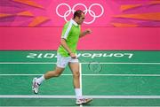 30 July 2012; Ireland's Scott Evans celebrates a point during the men's singles group play stage match against China's Lin Dan. London 2012 Olympic Games, Badminton, Wembley Arena, Wembley, London, England. Picture credit: Stephen McCarthy / SPORTSFILE