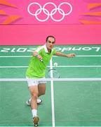 30 July 2012; Ireland's Scott Evans competes during the men's singles group play stage match against China's Lin Dan. London 2012 Olympic Games, Badminton, Wembley Arena, Wembley, London, England. Picture credit: Stephen McCarthy / SPORTSFILE
