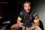 31 July 2012; Ulster's Stephen Ferris speaking to journalists during the announcement of the official communications partner of Ulster Rugby. Ravenhill Park, Belfast, Co. Antrim. Photo by Sportsfile