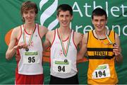 28 July 2012; Winner of the Boy's Under-16 1500m event Cian Mc Bride, North Sligo A.C., Co. Sligo, centre, with second placed William Crowe, North Sligo A.C., Co. Sligo, left, and third placed Luke Horgan, Leevale A.C., Co. Cork. Woodie’s DIY Juvenile Track and Field Championships of Ireland, Tullamore Harriers Stadium, Tullamore, Co. Offaly. Picture credit: Tomas Greally / SPORTSFILE