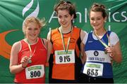 28 July 2012; Winner of the Girl's Under-16 Shot Putt event Dearbhaile Ryan, Nenagh Olympic A.C., Co. Tipperary, centre, with second placed Ann Marie Tornsey, Fingallians A.C., Co. Dublin, left, and third placed Jade Leeper, Finn Valley A.C., Co. Donegal. Woodie’s DIY Juvenile Track and Field Championships of Ireland, Tullamore Harriers Stadium, Tullamore, Co. Offaly. Picture credit: Tomas Greally / SPORTSFILE