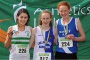 28 July 2012; Winner of the Girl's Under-17 1500m event Eileen Rafter, Tullamore Harriers A.C., Co. Offaly, centre, with second placed Orlaith Moynihan, Clonmel A.C., Co. Tipperary, left, and third placed Niamh Cotter, Bantry A.C., Co. Cork. Woodie’s DIY Juvenile Track and Field Championships of Ireland, Tullamore Harriers Stadium, Tullamore, Co. Offaly. Picture credit: Tomas Greally / SPORTSFILE