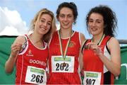 28 July 2012; Winner of the Girl's Under-18 1500m event Niamh Margaret Markh, Ennis Track A.C., Co. Clare, centre, with second placed Jessica Coyne, Dooneen A.C., Co. Limerick, left, and third placed Amy Jackson, City of Derry A.C., Co. Derry. Woodie’s DIY Juvenile Track and Field Championships of Ireland, Tullamore Harriers Stadium, Tullamore, Co. Offaly. Picture credit: Tomas Greally / SPORTSFILE