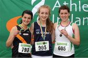 28 July 2012; Winner of the Girl's Under-19 1500m event Bronagh Kearns, St. Senans A.C., Co. Kilkenny, centre, with second placed Roisin Leahy, Clonliffe Harriers A.C., Co. Dublin, left, and third placed Emily Milner, St. Coca's A.C., Co. Kildare. Woodie’s DIY Juvenile Track and Field Championships of Ireland, Tullamore Harriers Stadium, Tullamore, Co. Offaly. Picture credit: Tomas Greally / SPORTSFILE