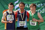 28 July 2012; Winner of the Boy's Under-16 Triple Jump event Darren Prout, Carrick-on-Suir A.C., Co. Tipperary, centre, with second placed Mikey Cullen, St. Killians A.C., Co. Wexford, left, and third placed Shane Joyce, Cushinstown A.C., Co. Meath. Woodie’s DIY Juvenile Track and Field Championships of Ireland, Tullamore Harriers Stadium, Tullamore, Co. Offaly. Picture credit: Tomas Greally / SPORTSFILE