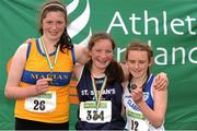 28 July 2012; Winner of the Girl's Under-14 2,000m Walk event Isabel Morgan, St. Senans A.C., Co. Kilkenny, centre, with second placed Angharad Loughnane, Marian A.C., Co. Clare, left, and third placed Grace Maguire, Claremorris A.C., Co. Mayo. Woodie’s DIY Juvenile Track and Field Championships of Ireland, Tullamore Harriers Stadium, Tullamore, Co. Offaly. Picture credit: Tomas Greally / SPORTSFILE