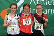 28 July 2012; Winner of the Girl's Under-15 2,000m Walk event Dervla Berirne, Mohill A.C., Co. Leitrim, centre, with second placed Orlaith Delahunt, Sligo A.C., Co. Sligo, left, and third placed Anna Tierney, Swinford A.C., Co. Mayo. Woodie’s DIY Juvenile Track and Field Championships of Ireland, Tullamore Harriers Stadium, Tullamore, Co. Offaly. Picture credit: Tomas Greally / SPORTSFILE