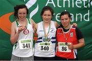 28 July 2012; Winner of the Girl's Under-16 2,000m Walk event Sinead O'Connor, Celbridge A.C., Co. Kildare, centre, with second placed Karen Bourke, St. Coca's A.C., Co. Kildare, and third placed Aisling Mc Nabola, Mohill A.C., Co. Leitrim. Woodie’s DIY Juvenile Track and Field Championships of Ireland, Tullamore Harriers Stadium, Tullamore, Co. Offaly. Picture credit: Tomas Greally / SPORTSFILE