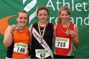 28 July 2012; Winner of the Girl's Under-15 Javelin event Michaela Walsh, Swinford A.C., Co. Mayo, centre, with second placed Jade Fahy, Nenagh Olympic A.C., Co. Tipperary, left, and third placed Sarah Woods, City of Lisburn, Co. Antrim. Woodie’s DIY Juvenile Track and Field Championships of Ireland, Tullamore Harriers Stadium, Tullamore, Co. Offaly. Picture credit: Tomas Greally / SPORTSFILE