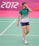 31 July 2012; Ireland's Chloe Magee reacts during her women's singles group play stage match against France's Hongyan Pi. London 2012 Olympic Games, Badminton, Wembley Arena, Wembley, London, England. Picture credit: Stephen McCarthy / SPORTSFILE