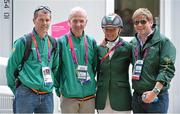 31 July 2012; Members of the Team Ireland Equestrian Squad, from left, Marcus Swail, Vet, Ian Fearon, Team Ireland Eventing coach, Aoife Clark and Simon Gale. London 2012 Olympic Games, Equestrian, Greenwich Park, Greenwich, London, England. Picture credit: Brendan Moran / SPORTSFILE