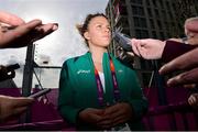 31 July 2012; Ireland's Grainne Murphy speaks to members of the media where she announced her withdrawal from the London 2012 Olympic Games due to illness. London 2012 Olympic Games, Grainne Murphy Press Conference, Olympic Park, Stratford, London, England. Picture credit: David Maher / SPORTSFILE