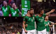 6 October 2017; Daryl Murphy is congratulated by his Republic of Ireland team-mates Shane Long and Shane Duffy after scoring his side's opening goal during the FIFA World Cup Qualifier Group D match between Republic of Ireland and Moldova at Aviva Stadium in Dublin. Photo by Stephen McCarthy/Sportsfile