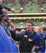 7 October 2017; Jonathan Sexton of Leinster walks off the pitch with his son Luca Sexton during the Guinness PRO14 Round 6 match between Leinster and Munster at the Aviva Stadium in Dublin. Photo by Cody Glenn/Sportsfile