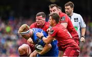 7 October 2017; James Tracy of Leinster is tackled by Robin Copeland, and Ian Keatley of Munster during the Guinness PRO14 Round 6 match between Leinster and Munster at the Aviva Stadium in Dublin. Photo by Ramsey Cardy/Sportsfile