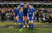 7 October 2017; Matchday mascots Ross Ralph, right, from Kildare town, and Rory Nulty, from Ballyroan, Co. Laois, with Leinster captain Jonathan Sexton ahead of the PRO14 Round 6 match between Leinster and Munster at the Aviva Stadium in Dublin. Photo by Brendan Moran/Sportsfile