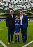 7 October 2017; Matchday mascot Ross Ralph, from Kildare town, with Leinster's Jamie Heaslip and Mick Kearney ahead of the PRO14 Round 6 match between Leinster and Munster at the Aviva Stadium in Dublin. Photo by Ramsey Cardy/Sportsfile