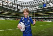 7 October 2017; Matchday mascot Rory Nulty, from Ballyroan, Co. Laois, ahead of the PRO14 Round 6 match between Leinster and Munster at the Aviva Stadium in Dublin. Photo by Ramsey Cardy/Sportsfile
