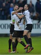 7 October 2017; Brian Gartland of Dundalk celebrates with Thomas Stewart and Robbie Benson after scoring the first goal during the SSE Airtricity League Premier Division match between Finn Harps and Dundalk at Finn Park in Ballybofey, Co Donegal. Photo by Oliver McVeigh/Sportsfile