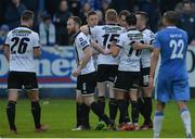 7 October 2017;The Dundalk players celebrate with Brian Gartland after scoring the first goal during the SSE Airtricity League Premier Division match between Finn Harps and Dundalk at Finn Park in Ballybofey, Co Donegal. Photo by Oliver McVeigh/Sportsfile