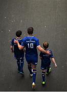 7 October 2017; Matchday mascots Ross Ralph, left, from Kildare town, and Rory Nulty, from Ballyroan, Co. Laois, with Leinster captain Jonathan Sextonahead of the PRO14 Round 6 match between Leinster and Munster at the Aviva Stadium in Dublin. Photo by Cody Glenn/Sportsfile