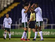 7 October 2017; Jonathan Afolabi, right, of Republic of Ireland is congratulated by teammate Jason Molumby after scoring his side's fifth goal during the UEFA European U19 Championship Qualifier match between Republic of Ireland and Cyprus at the Regional Sports Centre in Waterford. Photo by Seb Daly/Sportsfile