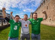 8 October 2017; Republic of Ireland supporters, from left, Craig Connolly, from Tallaght, Dublin, Damien Carr, from Kilcar, Donegal, and Jamie Gilbert, from Tallaght, Dublin, in Cardiff City ahead of their side's FIFA World Cup Qualifier against Wales on Monday. Photo by Stephen McCarthy/Sportsfile