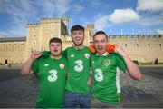8 October 2017; Republic of Ireland supporters, from Navan, Co. Meath, Adam Blake, left, Ryan Murphy and Stephen Murphy, right, in Cardiff City ahead of their side's FIFA World Cup Qualifier against Wales on Monday. Photo by Stephen McCarthy/Sportsfile