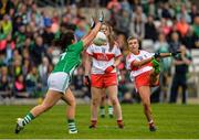 8 October 2017; Erin Doherty of Derry has her shot blocked by Aisling Maguire of Fermanagh during the TG4 Ladies Football All-Ireland Junior Championship Final Replay between Derry and Fermanagh at St Tiernach's Park in Clones, Co Monaghan. Photo by Oliver McVeigh/Sportsfile