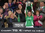 8 October 2017; Aine McGovern of Fermanagh holds aloft the All Ireland Junior cup after the TG4 Ladies Football All-Ireland Junior Championship Final Replay between Derry and Fermanagh at St Tiernach's Park in Clones, Co Monaghan. Photo by Oliver McVeigh/Sportsfile