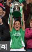 8 October 2017; Aine McGovern of Fermanagh holds aloft the All Ireland Junior cup after the TG4 Ladies Football All-Ireland Junior Championship Final Replay between Derry and Fermanagh at St Tiernach's Park in Clones, Co Monaghan. Photo by Oliver McVeigh/Sportsfile