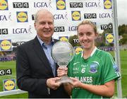 8 October 2017; Shauna Hamilton of Fermanagh receives the Player of the match award from Alan Esslemont, Director General of TG4 after the TG4 Ladies Football All-Ireland Junior Championship Final Replay between Derry and Fermanagh at St Tiernach's Park in Clones, Co Monaghan. Photo by Oliver McVeigh/Sportsfile